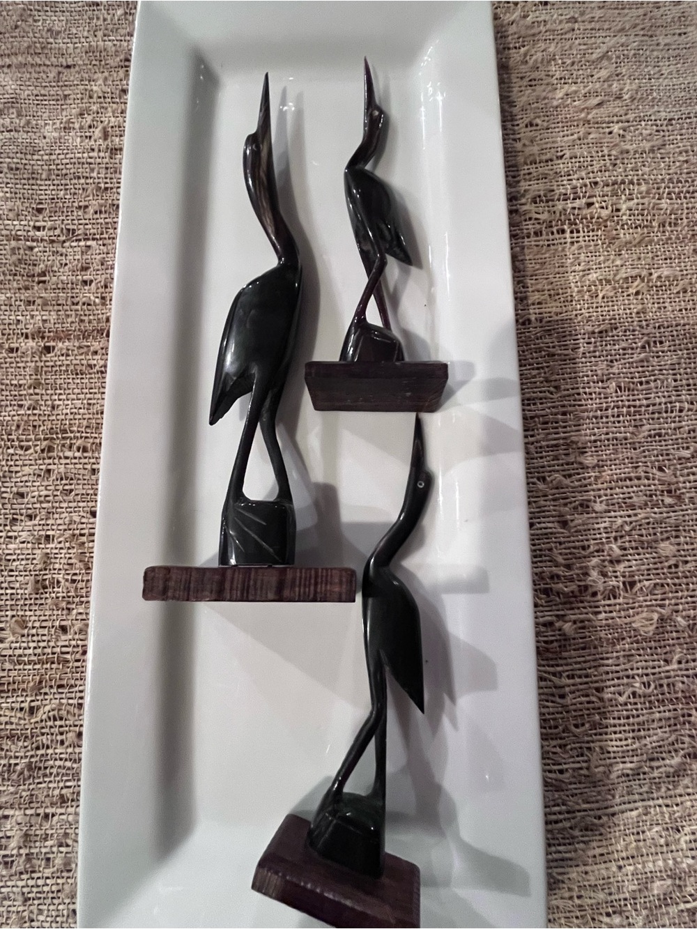1960s Set of 3 Hand Carved Horn Egret Crane Sculptures 8 & 6” tall